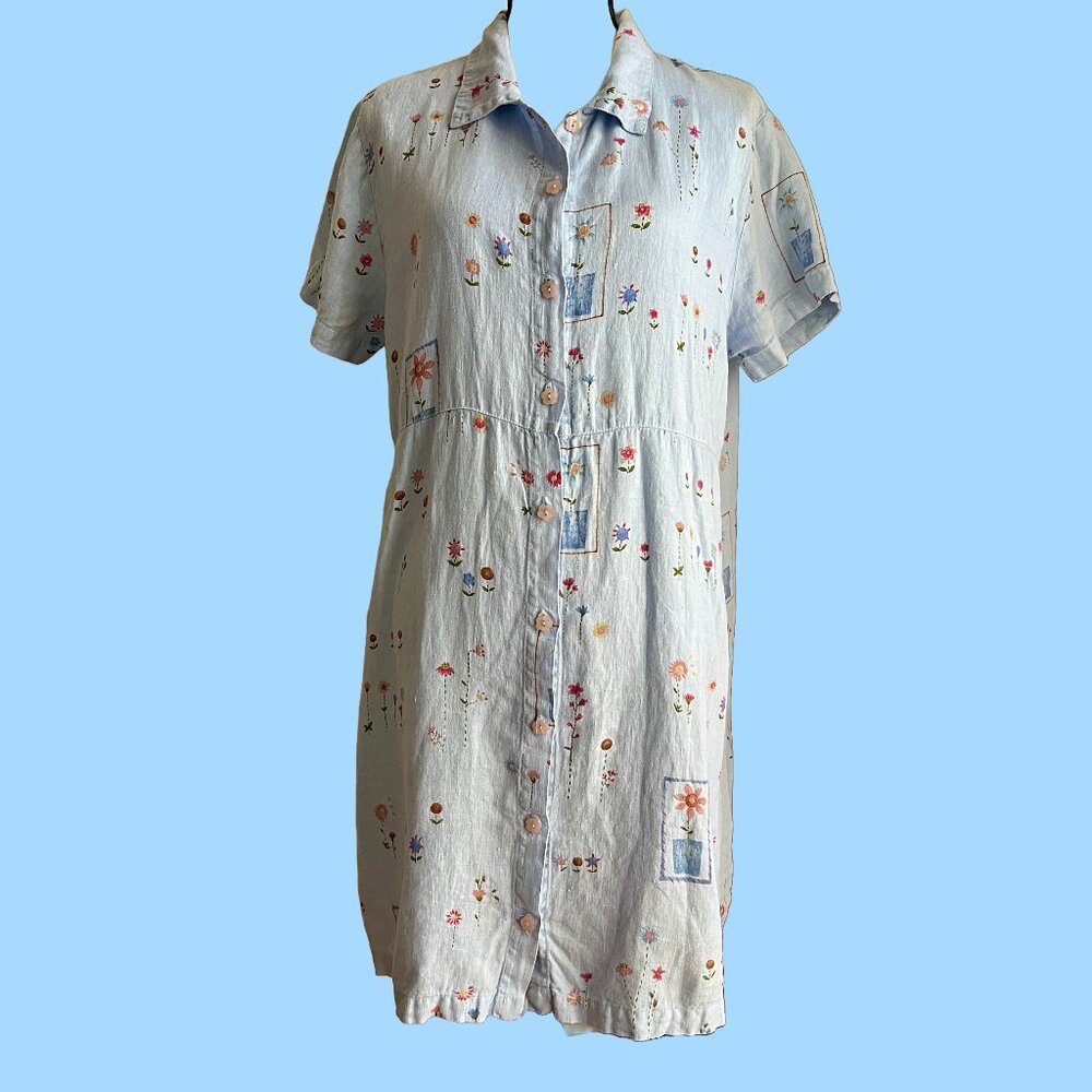 Vintage 90s Linen Garden Dress Blue Floral Size M by Hot Cotton-Marc Ware